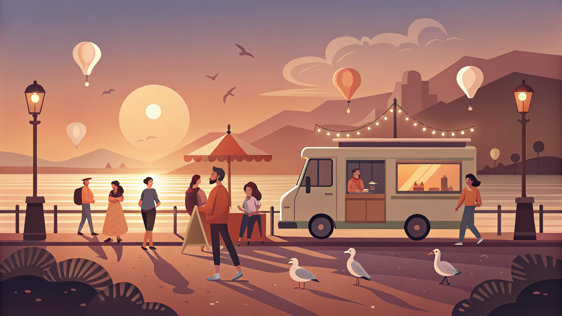 Food trucks and coffee vans at a golden-hour Cornish harbour